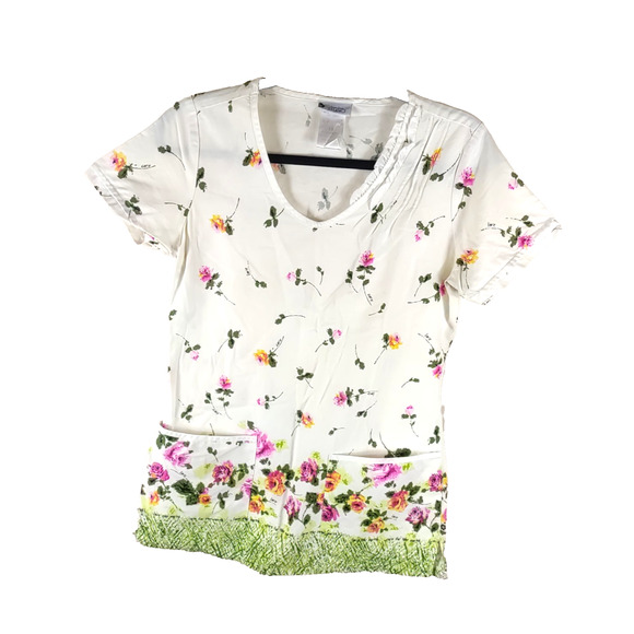 Cherokee Studio Women's Scrub Top Size X Small Cream Pink Roses Cotton Blend... - Picture 6 of 6